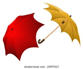 Two red and ochre open umbrellas back and front on a white background