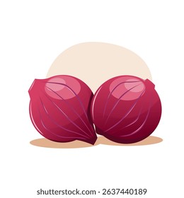 Two red onion bulbs with smooth, vibrant coloring, presented as a flat illustration against a soft, light background. Ideal for culinary, healthy eating, or ingredient-related content.