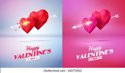 Two red origami heart   pierced by an arrow. Vector Illustration. Abstract polygonal heart. Love symbol. Low-poly colorful style. Romantic background for Valentines day. Eps 10