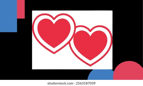 Two red outlined hearts with white inner borders on a geometric modern background. Valentine's Day illustration