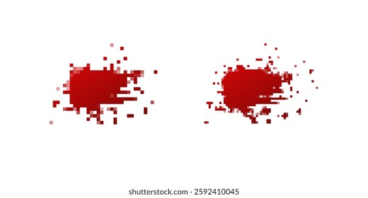 Two red paint splatters appear in pixel form, showcasing vibrant color and intricate square patterns.