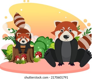 Two red pandas in flat cartoon style illustration