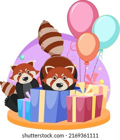 Two red pandas with gift boxes and balloons illustration