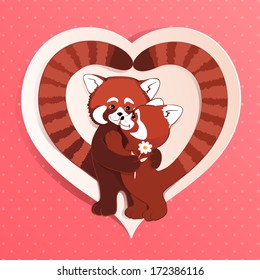 Two red pandas hug each other. Vector illustration. 