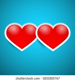 Dos corazones cortados de papel rojo sobre fondo azul - Símbolo de amor - Vector