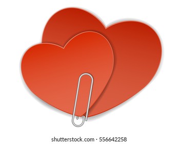 Two red paper hearts fastened together office paper clip. Vector illustration of Valentine's Day and love.