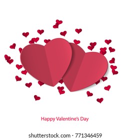 Two red paper hearts on white background. Valentine's day greeting card. Symbol of love. Vector illustration