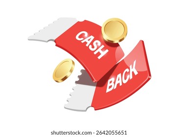 Two red paper promotional banners or tag label with the text cash back and gold coins or dollars floating in mid-air for design of advertising campaign buy more, get more cash back, vector 3d isolated