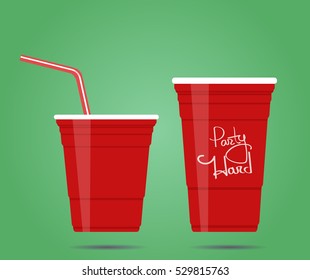 Two red party cups isolated on green background, vector illustration