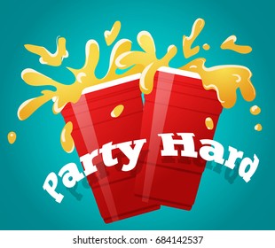 Two red party cups with a splashing beer, cheers vector illustration