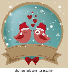 two red and pink birds loving each other in winter within a circle icon