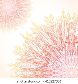 two red pink mandala, feathers, circular pattern on white background. element for design, posters, cards and  T-shirt prints. Vector illustration