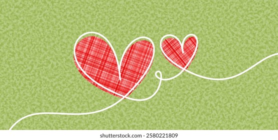 Two red plaid hearts linked by a white line on a textured green background. Vector illustration for love themes.