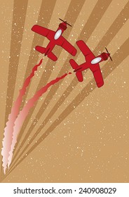 Two red planes with contrails flying over an abstract background