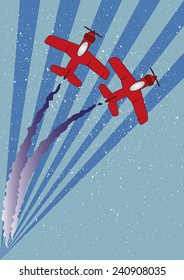 Two red planes with contrails flying over an abstract background