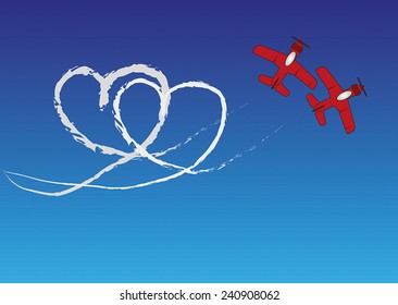 Two red planes are drawing a heartshape with contrails in the blue sky.