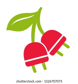 Two red plugs are hanging on a twig with a leaf, stylized as cherries. Flat Vector Icon illustration. Symbol on white background. Plug cherries energy saving concept.