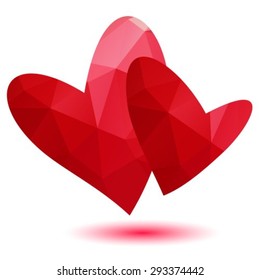Two red polygonal heart isolated on a white background.