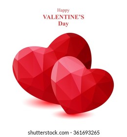 Two red polygonal hearts with lettering isolated on a white background.