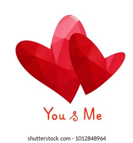 Two red polygonal Valentines hearts isolated on white background. Design element for greeting cards and holiday decorations. Valentines Day illustration.