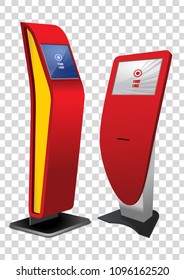 Two red Promotional Interactive Information Kiosk, Advertising Display, Terminal Stand, Touch Screen Display. Mock Up Template.