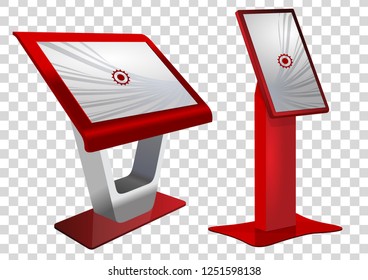 Two red Promotional Interactive Information Kiosk, Advertising Display, Terminal Stand, Touch Screen Display. Mock Up Template.
