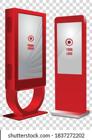 Two red Promotional Interactive Information Kiosk, Advertising Display, Terminal Stand, Touch Screen Display. Mock Up Template.