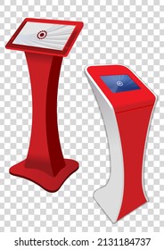 Two red Promotional Interactive Information Kiosk, Advertising Display, Terminal Stand, Touch Screen Display. Mock Up Template.	