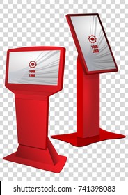 Two red Promotional Interactive Information Kiosk, Advertising Display, Terminal Stand, Touch Screen Display. Mock Up Template.