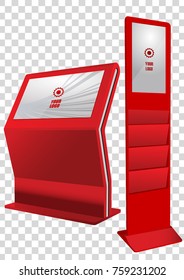 Two red Promotional Interactive Information Kiosk, Advertising Display, Terminal Stand, Touch Screen Display. Mock Up Template.