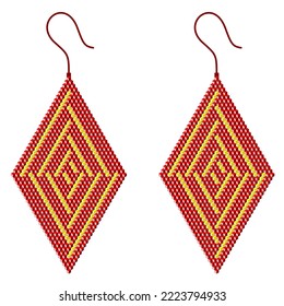 Two red rhombus-shaped earrings with yellow stripes alternating in the opposite direction, made of 3D cubes