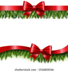 Two Red Ribbon And Fir Tree With Gradient Mesh, Vector Illustration