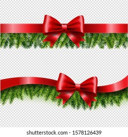 Two Red Ribbon And Fir Tree Transparent Background With Gradient Mesh, Vector Illustration