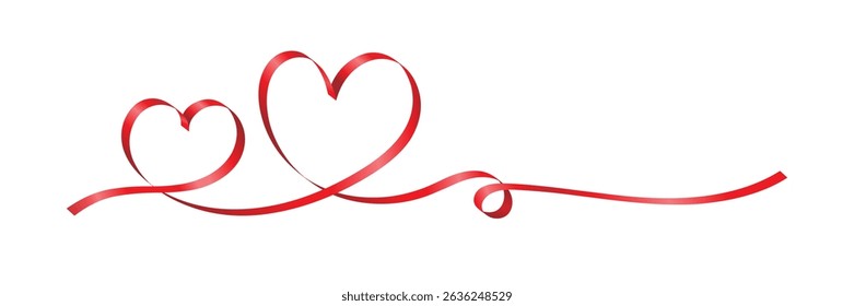 Two red ribbon hearts intertwined on a white background, symbolizing love and romance.