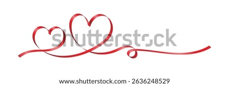 Two red ribbon hearts intertwined on a white background, symbolizing love and romance.