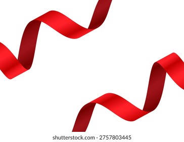Two red ribbons curving and swirling isolated on white background for festive occasions