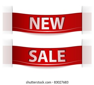 Two red ribbons with text new and sale