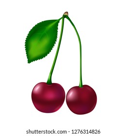 Two red ripe cherries with stem and with one green leaf at left side on a white background