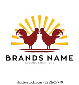 Two red rooster with sun logo vector