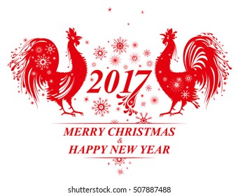 Two red Roosters and Snowflakes. 2017. Vector template for New Year holidays design. 