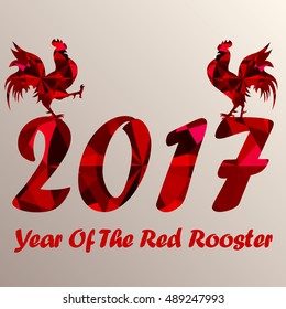 Two red roosters at the top of number 2017 as symbol of next year on the Chinese calendar. Silhouettes of red cocks, decorated with ruby on background. Vector element for New Year card or other design