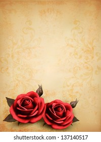 Two Red Rose In Front Of A Background Of Vintage Old Paper. Vector.