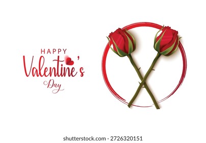 Duas rosas vermelhas cruzaram-se em um círculo vermelho com o texto Feliz Dia dos Namorados em um fundo branco