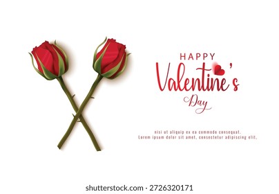 Zwei rote Rosen überkreuzen sich mit einer Happy Valentine's Day Nachricht auf weißem Hintergrund mit romantischer und liebevoller Atmosphäre