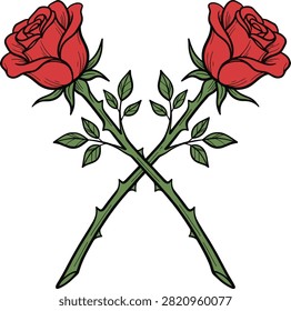 Two red roses crossed with stems leaves and thorns illustrated on a white background symbolizing romance or danger