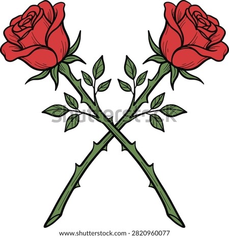 Two red roses crossed with stems leaves and thorns illustrated on a white background symbolizing romance or danger