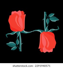 Two red roses form the letter H on a black background. Abstract vector illustration.