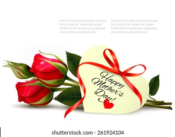 Two red roses with a heart-shaped Happy Mother's Day note and red ribbon. Vector.