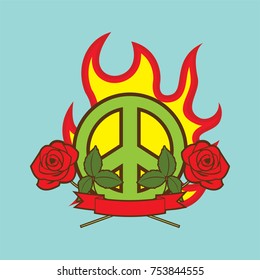 two red roses with peace symbol t-shirt and poster emblem  template
