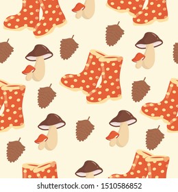 two red rubber boots in white polka dots, two mushrooms and a bump. Autumn (fall) pattern